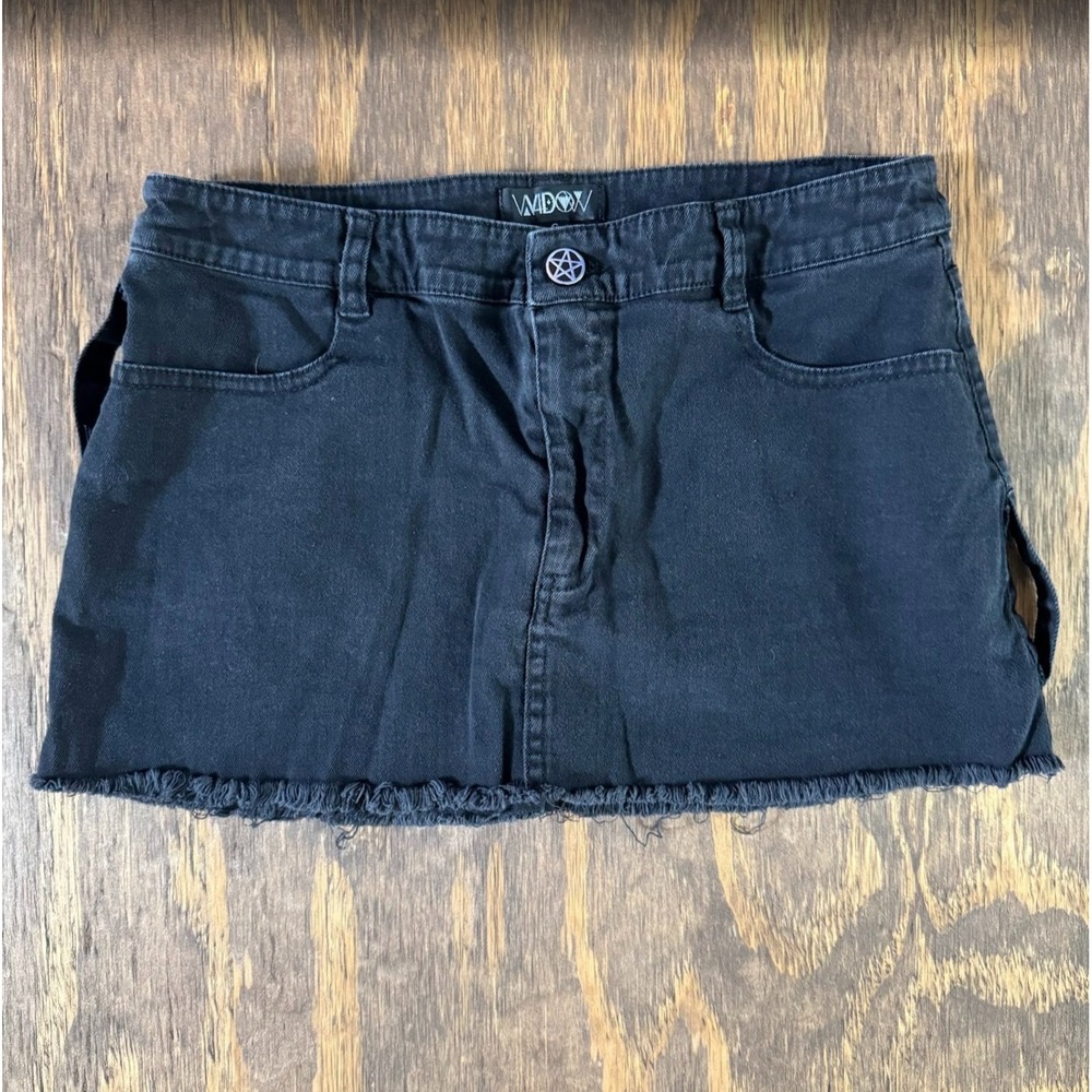 Widow Black Denim Micro Mini Skirt S Pentagram Button Raw Hem Goth Grunge